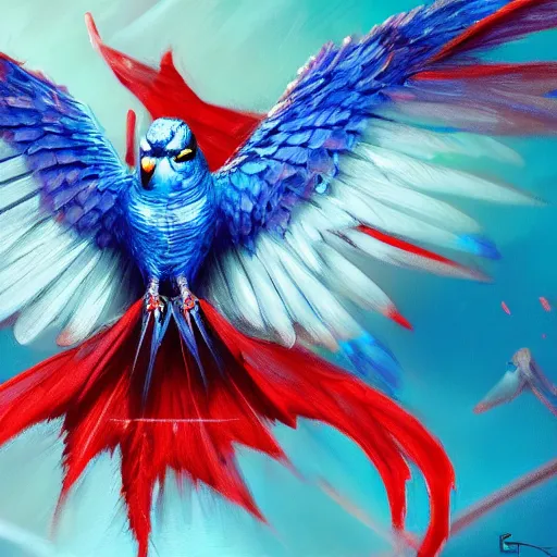 Prompt: an oil painting of a blue budgie with red dragon wings, hd, hdr, ue 5, ue 6, unreal engine 5, cinematic 4 k wallpaper, 8 k, ultra detailed, high resolution, artstation, award winning