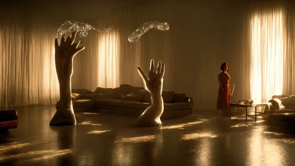 Image similar to a giant hand made of wax and water floats through the living room, film still from the movie directed by Denis Villeneuve with art direction by Salvador Dalí, wide lens