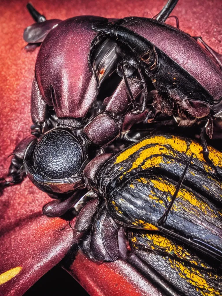 Prompt: complementary color scheme. close - up shot of a beautiful beetle. insect eyes. studio photography high quality highly detailed award winning photograph by national geographic. motorcycle. soft volumetric light, smooth gradient. vibrant colors