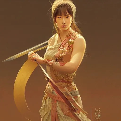 Image similar to female japanese sword goddess, d & d, golden!!! palette, highly detailed, digital painting, artstation, portrait, concept art, sharp focus, illustration, cinematic lighting, art by artgerm and greg rutkowski and alphonse mucha