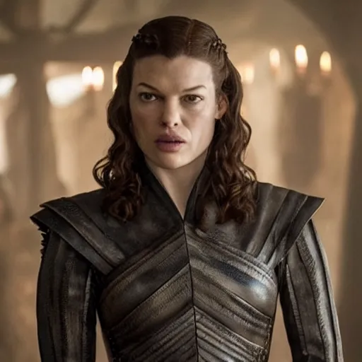 Prompt: mila jovovich show her phone in game of thrones, an film scene