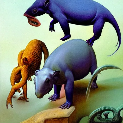 Prompt: tapir seeing a chameleon in the mirror by boris vallejo, highly detailed