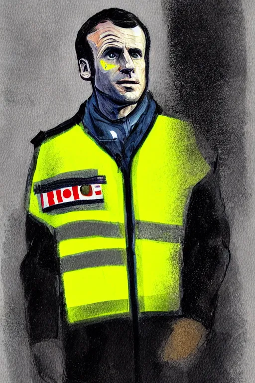 Image similar to emmanuel macron wearing a hivis police coat, highly detailed, digital art, sharp focus, trending on art station