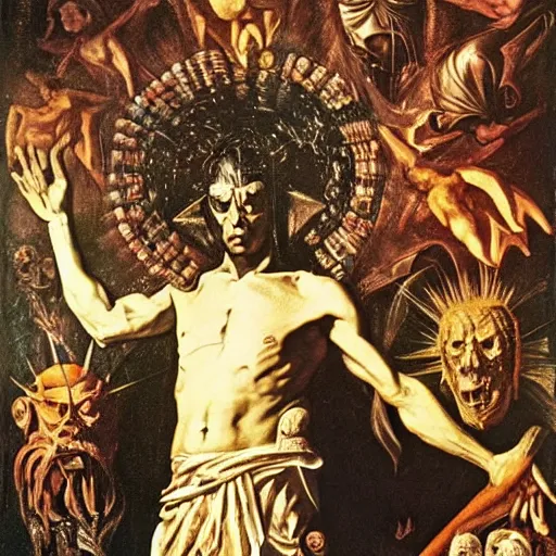 Image similar to george clooney as an evil god of darkness, made by caravaggio, peter paul rubens, diego velazquez, rossdraws, jan van eyck, max ernst, ernst haeckel, ernst fuchs