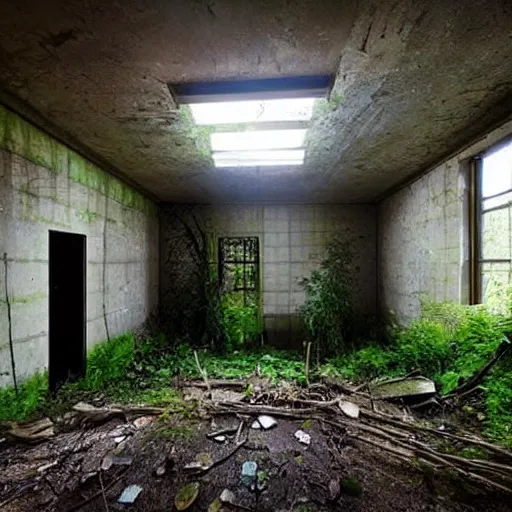 Image similar to abandoned, overgrown, underground bunker, waterfall room