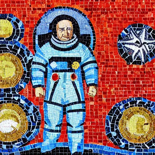 Image similar to soviet mosaic of an cosmonaut exploring deep space, on a giant wall of an apartment building, socialist, propaganda