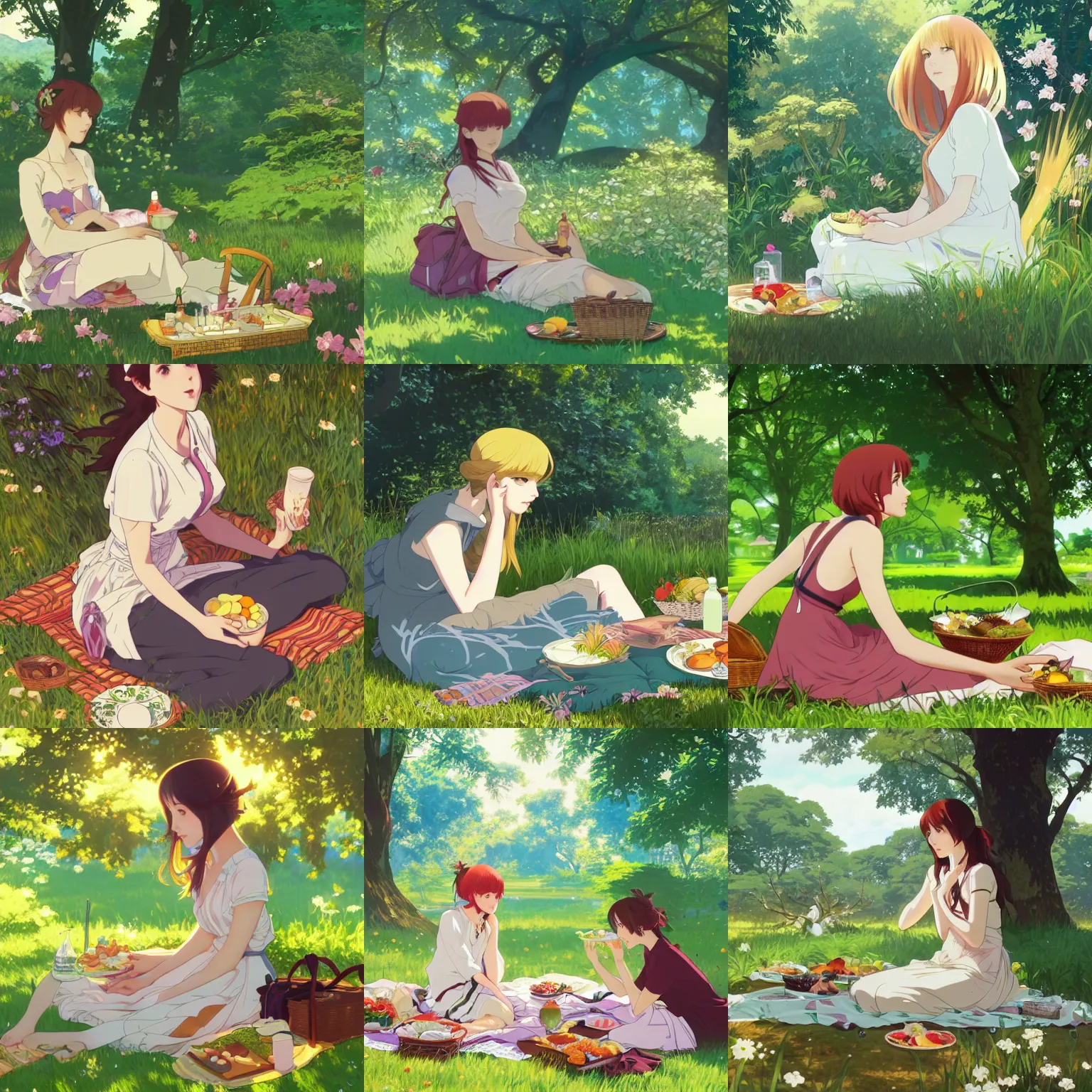 Prompt: A young woman having a picnic in a lush park, facial focus, highly detailed, artstation, official artbook, official Kyoto Animation and Studio Ghibli anime screenshot, by Ilya Kuvshinov and Alphonse Mucha