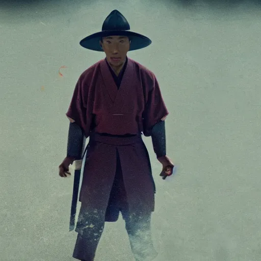 Image similar to cinematic film still Pharrell Williams starring as a Samurai holding fire, Japanese CGI, VFX, 2003, 40mm lens, shallow depth of field,film photography