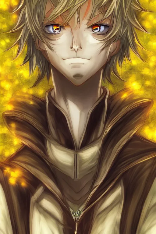 Image similar to amber glowing luminescent dandelion male anime character, symmetrical, highly detailed, digital art, sharp focus, trending on art station, amber eyes, autumnal colours