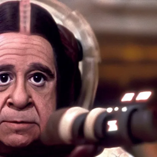 Image similar to a film still of danny devito as princess leia, star wars