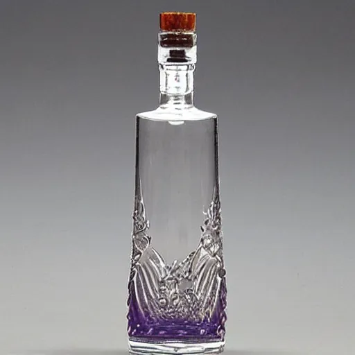 Prompt: glass vodka bottle inspired by french perfume bottles, c. 1 8 9 0 s - 1 9 3 0 s.