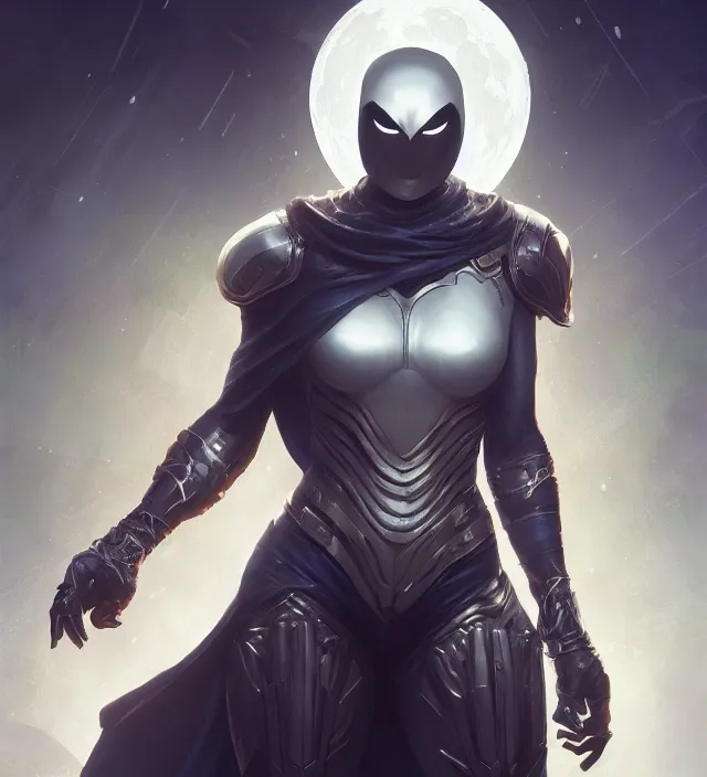 Image similar to female moon knight, hyper detailed, digital art, trending in artstation, cinematic lighting, studio quality, smooth render, unreal engine 5 rendered, octane rendered, art style by klimt and nixeu and ian sprigger and wlop and krenz cushart