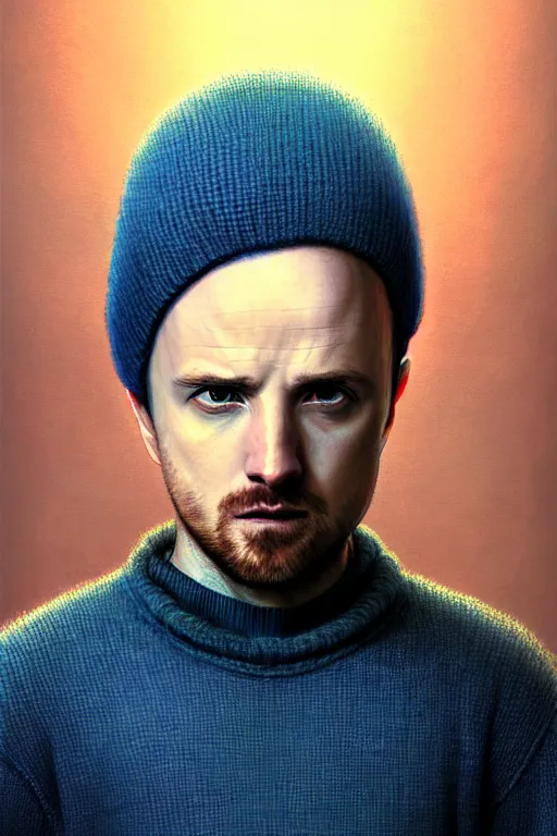 Image similar to portrait of jesse pinkman as sapphire herald in an elegant winter sweater, by makoto shinkai, by akihiko yoshida, by zdzislaw beksinski, by dariusz zawadzki, artbook, tone mapped, deep blues, shiny, soft lighting