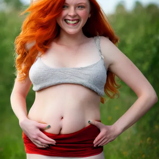 Image similar to Beautiful redhead with long hair, dazzling smile, and swollen belly.