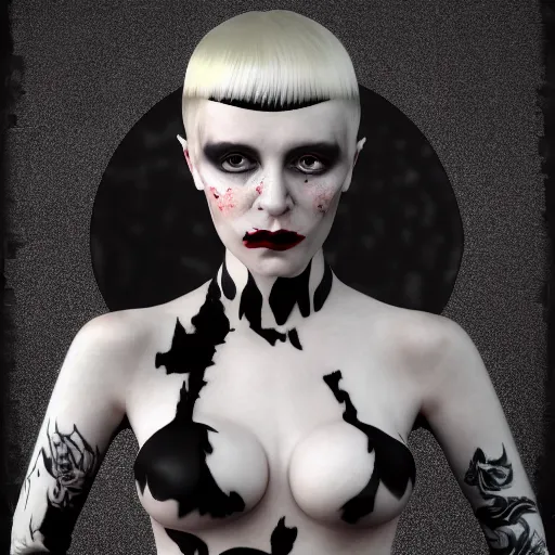 Image similar to queen of the darkness, self help author, in the style of grand chamaco and pedro conti and stanley kubrick, inspired by die antwoord, photorealistic, epic, super technical, 3 d render