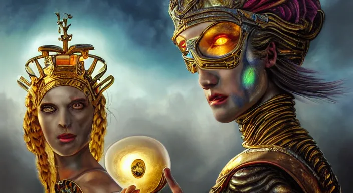 Prompt: battlefield of trojan war, closeup portrait of eris discordia, holding reflective gold!!! metal apple, goddess of chaos, fantasy character portrait, trojan horse, ultra realistic, wide angle, intricate details, artifacts, luminous skies, michael cheval, peter mohrbacher, boris vallejo, jessica rossier, oil painting, highly detailed, cinematic lighting, unreal