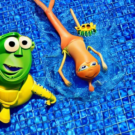 Prompt: funny crazy creatures in the swimming pool in style of Toy story, pixar, 8k hd dof