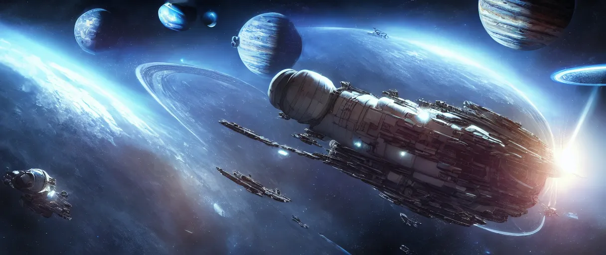 Image similar to a detailed space cruiser in orbit above a planet, detailed render, post - processing, extremely hyperdetailed, intricate, epic composition, cybernetics, 4 k realistic, cryengine, realistic shaded lighting, sharp focus, masterpiece, detailed eyes by matteo scalera, gary montalbano, peter elson in the style of the tokyo ghost comic