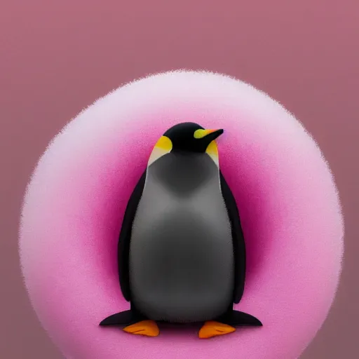 Image similar to one realistic penguin sitting in a pink fluffy bed, hyper detailed, trending on artstation