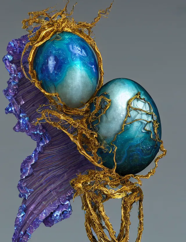 Prompt: a photo of a sculpture of a winged child made from blue and emerald and amethyst crystal geode formations with a marble egg with obsidian base with liquid gold tendrils flowing by ellen jewett by stanisław szukalski, octane render, byzantine, recursive, tendrils, elestial crystals, geode,