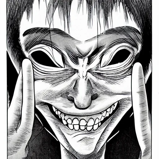 Prompt: smiling man, junji ito, creepy, unsettling,