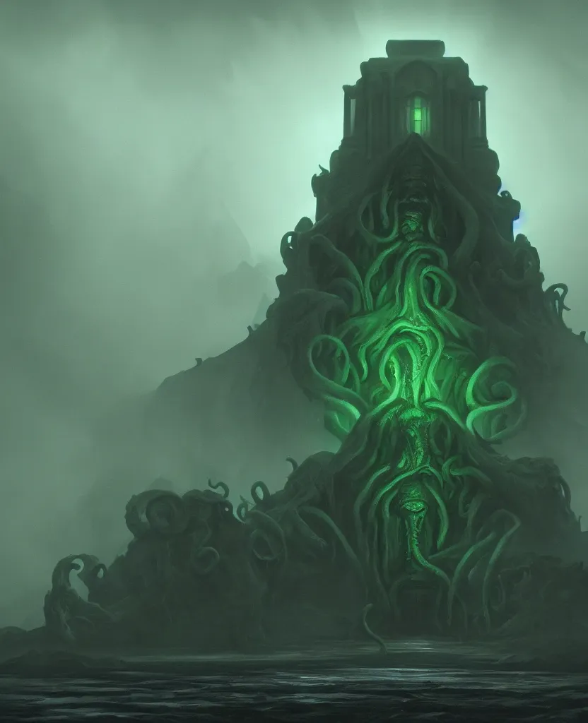Image similar to cinematic artwork of an imposing temple of cthulhu, dark ambience, lovecraftian, green ambient light, trending on artstation, fog, 4 k, masterpiece