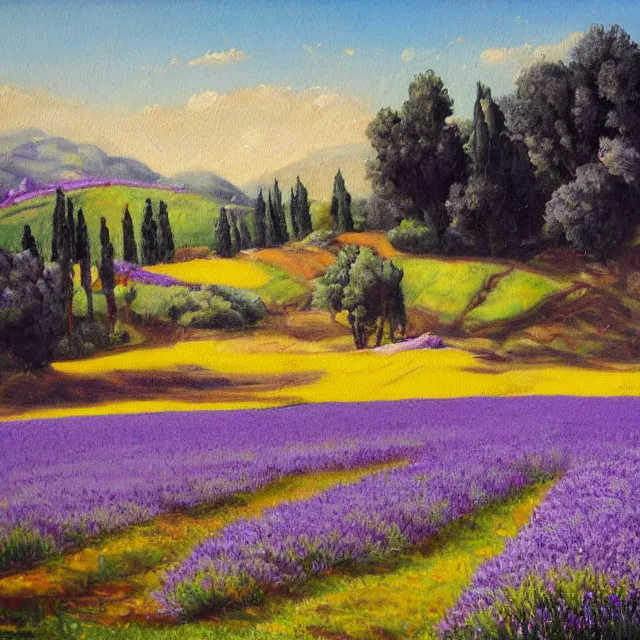 Image similar to lavander field in italian landscape, oil painting