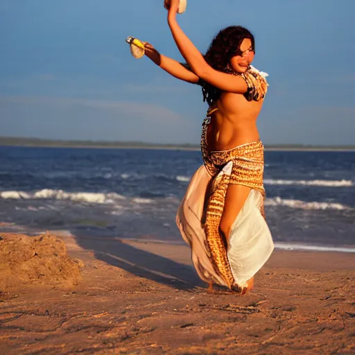 Prompt: 3 5 year old mediterranean skinned woman in ancient canaanite clothing dancing with a tambourine by the ocean, sunset, other women dancing behind,