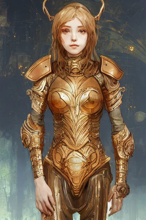 Image similar to portrait knights of Zodiac girl, golden and copper reflected armor, in ruined Agora of Athens, ssci-fi, fantasy, intricate, very very beautiful, elegant, highly detailed, digital painting, artstation, concept art, smooth, sharp focus, illustration, art by WLOP and tian zi and alphonse mucha