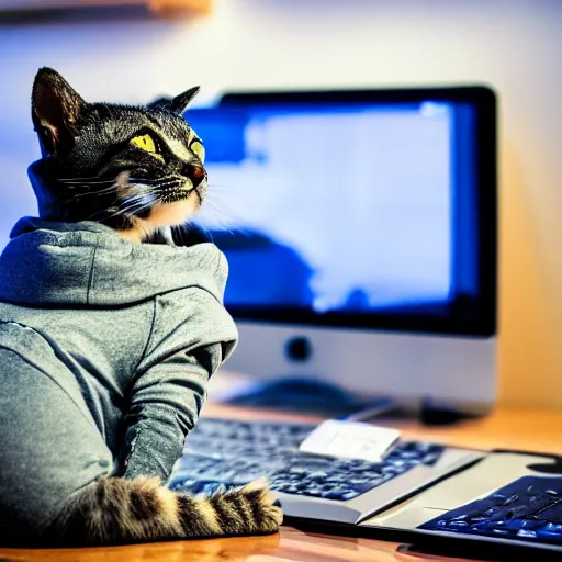 Image similar to high quality photo of an hacker cat with a hoodie in front of a computer, award winning photography