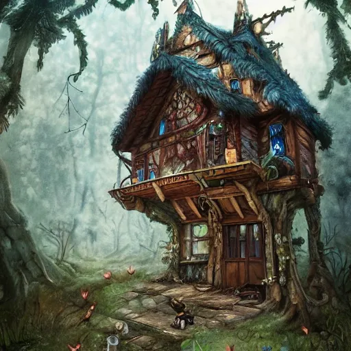 Image similar to a storybook illustration of a ramshackle multistory fairytale hut in the forest, intricate, elegant, on chicken legs, in forest, fantasy, highly detailed, digital painting, concept art, sharp focus, trending on artstation