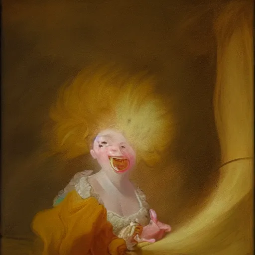 Prompt: helga pataki's teeth, soft rainbow light, painting by fragonard