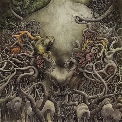 Image similar to in the garden of beasts, very detailed and colorful, by Santiago Caruso, by M.C. Escher, beautiful, eerie, surreal, psychedelic