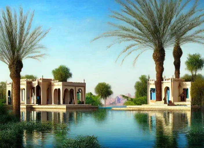 Image similar to A beautiful ultra-detailed painting of a garden villa with a lake in the middle of the arabic desert with a blue sky by Ludwig Deutsch, Trending on Artstation