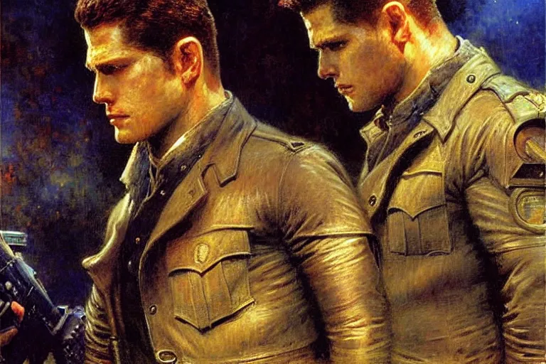 Image similar to albert wesker and chris redfield, painting by gaston bussiere, jean giraud