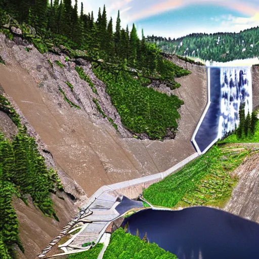 Prompt: A stone lake dam high in the mountains. The dam exploded in the middle creating a waterfall that overflows the river below. .Fantasy, concept art, sharp focus, artstation