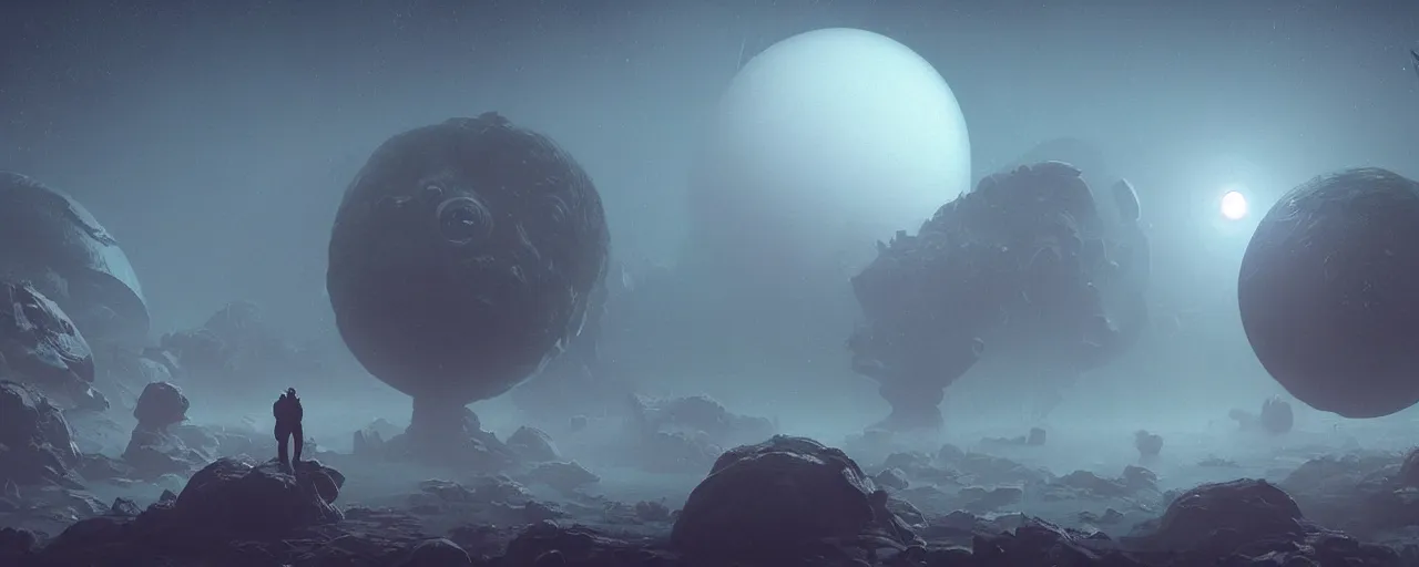 Image similar to ” outer planet with thick fog and alien artefacts, [ cinematic, detailed, epic, widescreen, opening, establishing, mattepainting, photorealistic, realistic textures, octane render, art by paul lehr ] ”