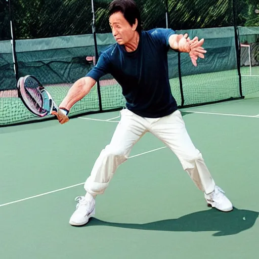 Prompt: rick grimes playing tennis with jackie chan