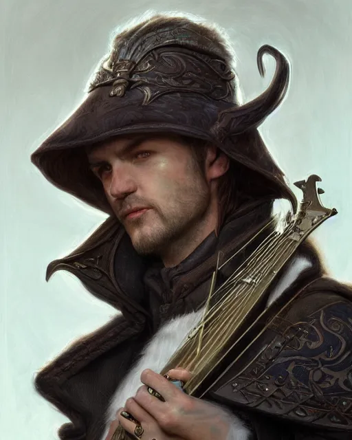 Image similar to white male rogue bard portrait, highly detailed, very intricate, symmetrical, cinematic lighting, closeup painted portrait, by donato giancola and mandy jurgens and magali villenueve, featured on artstation