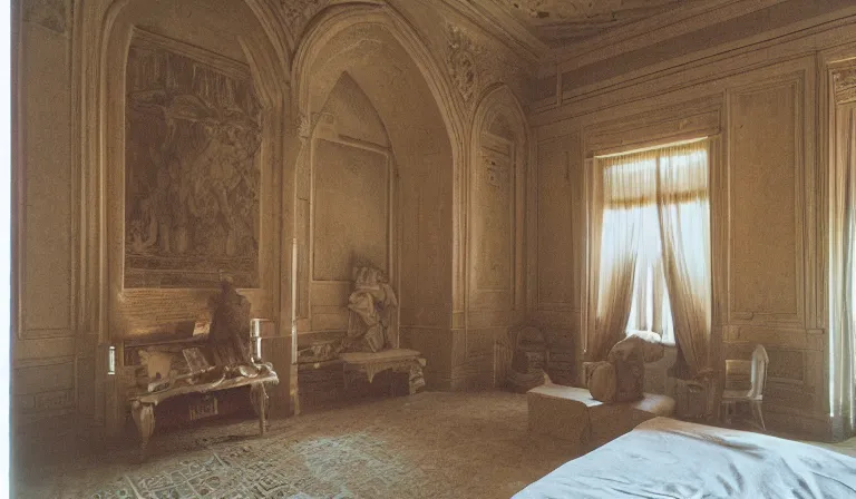 Prompt: A bedroom designed by Donatello, 35mm film, long shot