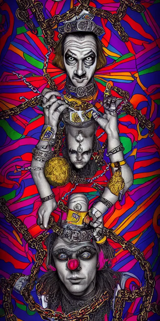 Image similar to psychedelic illustration, court jester portrait, psychotic eyes, in prison, in chains, playing card design, detailed colored pencil drawing, photorealistic illustration, 8 k resolution, octane render,