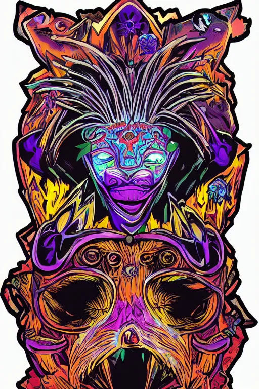 Image similar to animal mask totem roots flower tribal feather gemstone plant wood rock shaman vodoo video game vector cutout illustration vivid multicolor borderlands comics by josan gonzales and dan mumford radiating a glowing aura