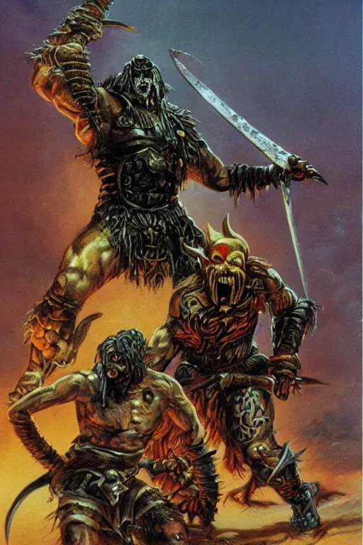 Prompt: the undead barbarian warrior fights a god, concept art by boris vallejo and michael whelan