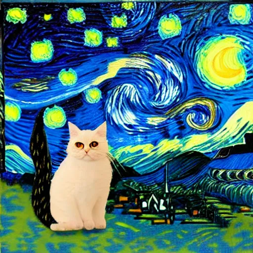 Prompt: a painting of a wizard cat in the style of starry night