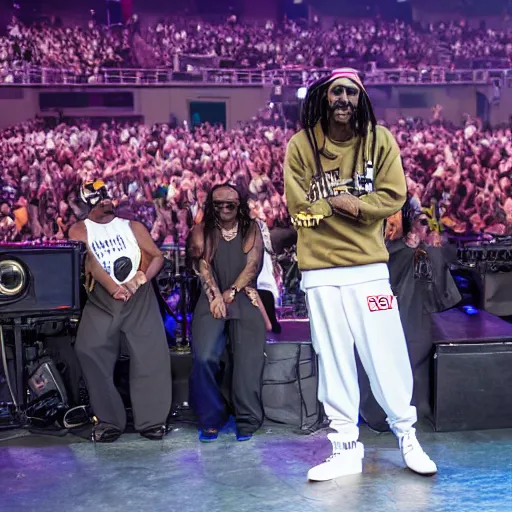 Image similar to stage full of Snoop Doggs, highly detailed, high quality, HD, 4k, 8k, Canon 300mm, professional photographer, 40mp, lifelike, top-rated, award winning, realistic, sharp, no blur, edited, corrected, trending