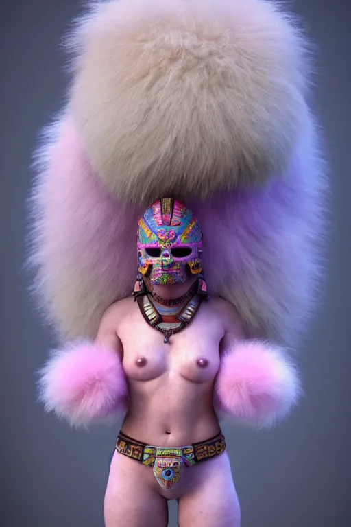 Prompt: high quality 3 d render hyperrealist very cute pastel fluffy! aztec warrior, vray smooth, in the style of watchmen, hannah yata, very dramatic light, low angle, uhd 8 k, shallow depth of field, william s burroughs