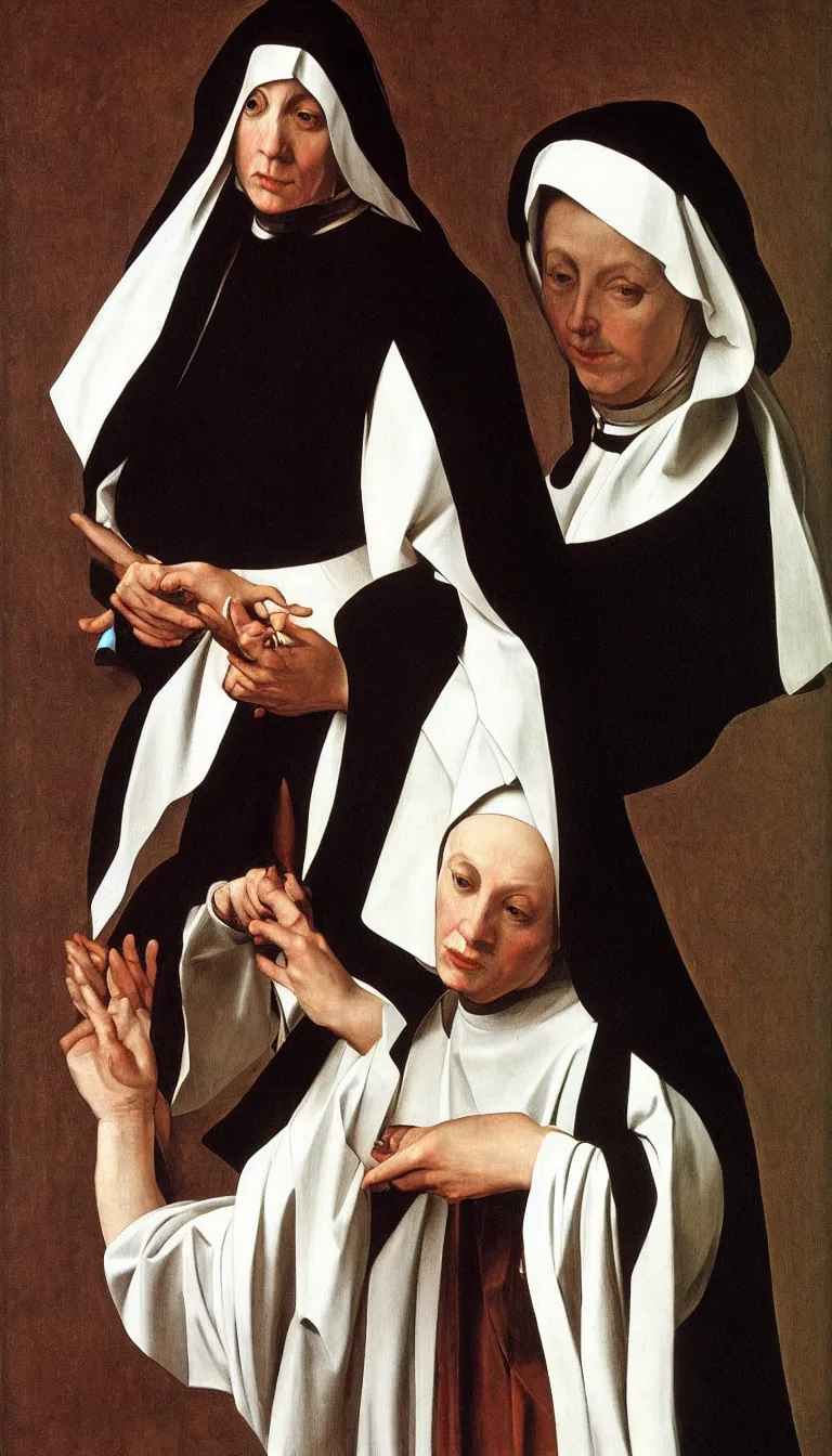 Prompt: a very detailed oil painting of the nun sainte claire wearing clarise habit, half body, by caravaggio