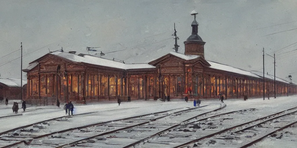 Prompt: Train Depot in Saint Petersburg in 1914 in winter, morning, trending on Artstation