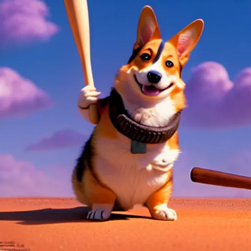 Image similar to weta disney pixar movie still photo of funny corgi with baseball bat : : corgi by pixar : : giant sign that says bonk : : by weta, greg rutkowski, wlop, ilya kuvshinov, rossdraws, artgerm, octane render, iridescent, bright morning, anime, liosh, mucha : :