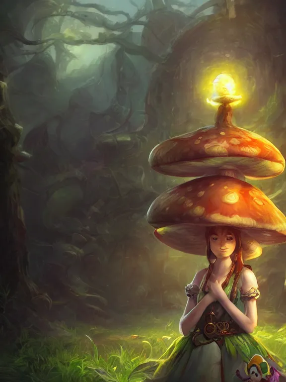 Prompt: illustration portrait of female on the mushroom kingdom, fantasy, concept art, sharpness, 4k, high detailed, UHD, cinematic lightning, trending on deviantart by wlop and tyler edlin